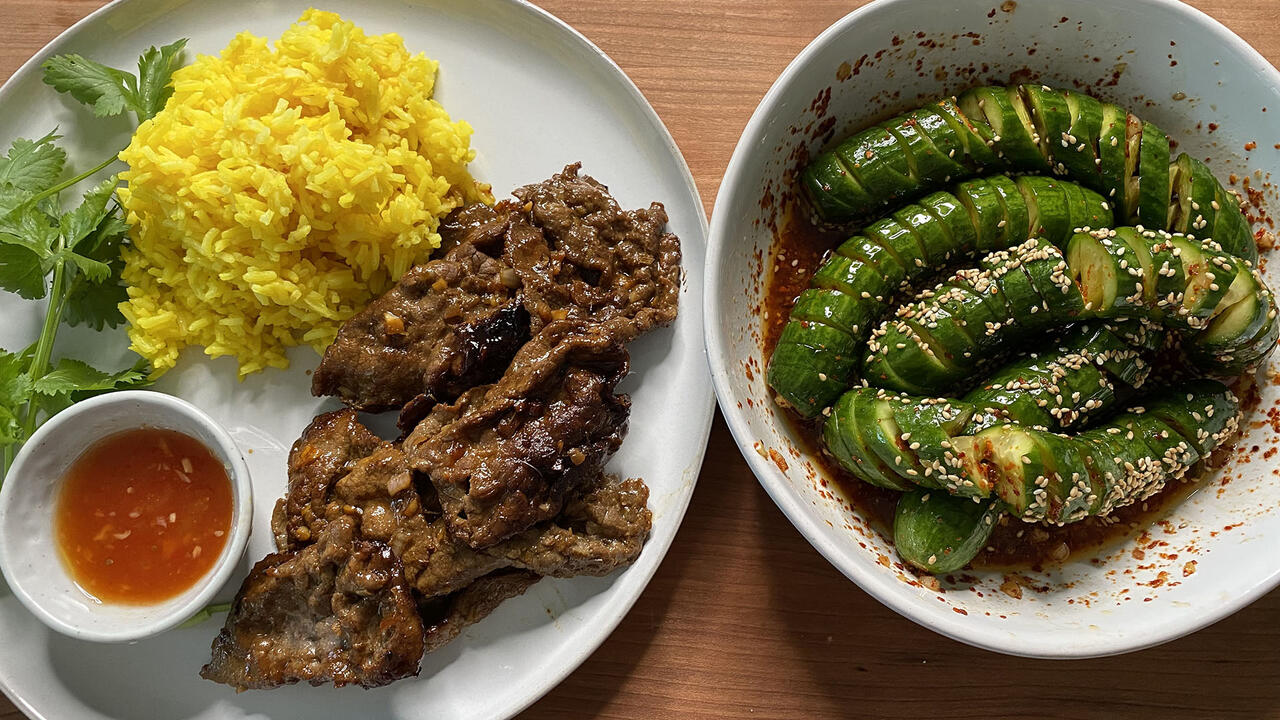 Lemongrass Beef with Turmeric Rice and Asian Cucumber Salad | @myhealthydish | Recipe