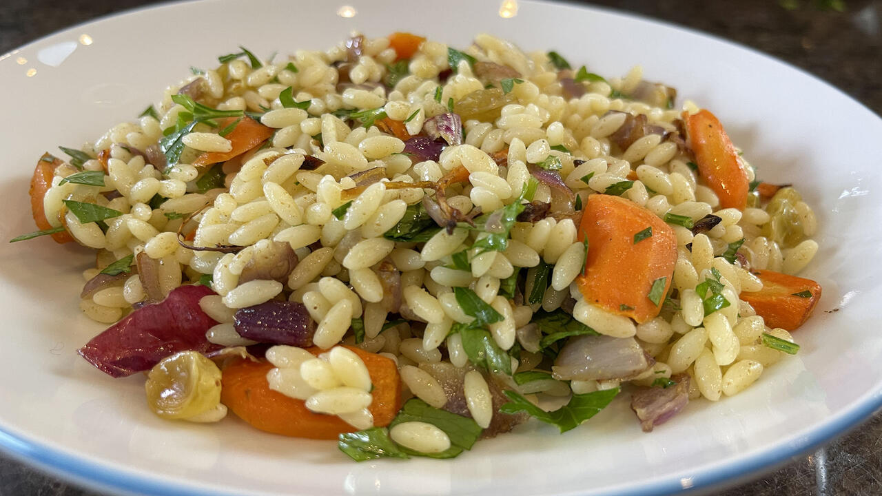 Orzo, Roasted Carrot, Onion and Raisin Salad | Doctor-Approved Recipe with Budget-Friendly Superfoods | Recipe