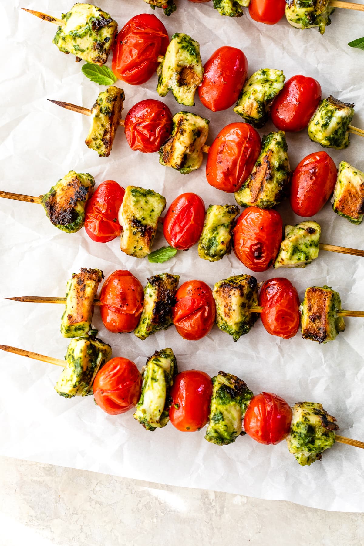 Grilled Pesto Chicken and Tomato Kebabs